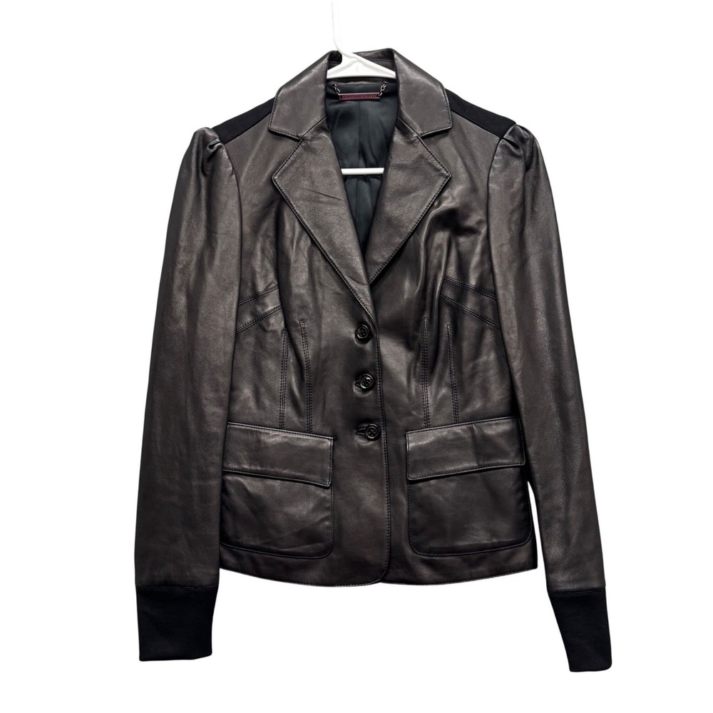 Diane von Furstenberg Miss Marlena Black Leather Jacket Puff Shoulder Size 2